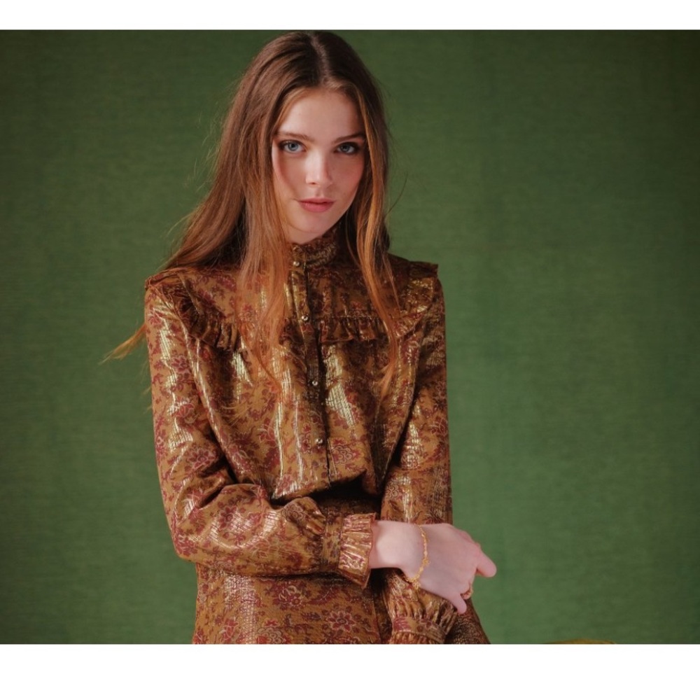 ✨Louise Misha 💐 Bronze Flowers Ruffle Blouse ✨